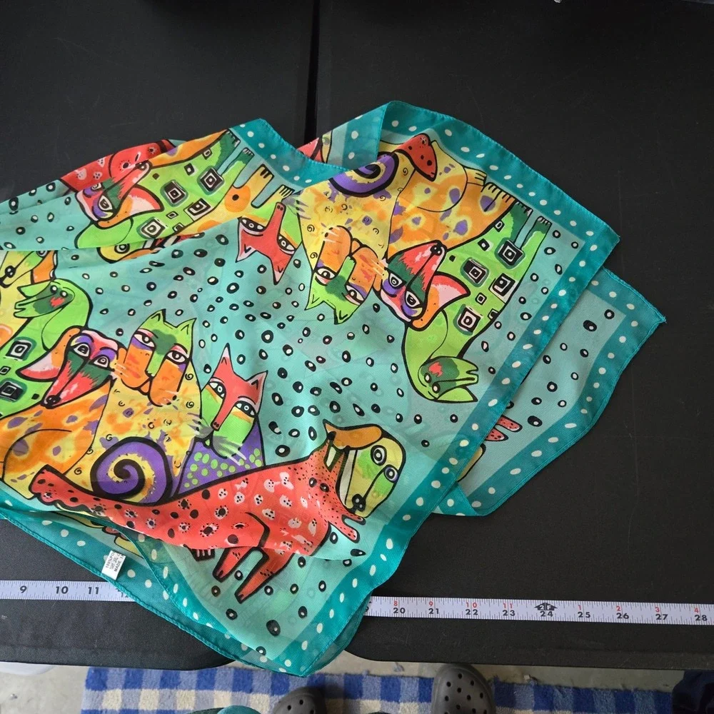 Abstract Dog Cat Print Sheer Button Poncho One Size Vibrant Art Maximalist Flowy
